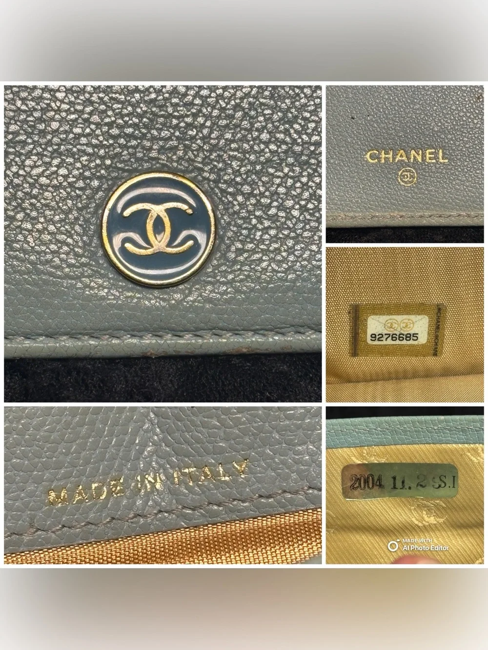 Chanel Coco Button Long Bifold Wallet Light Blue Caviar Leather WOC Chain Box